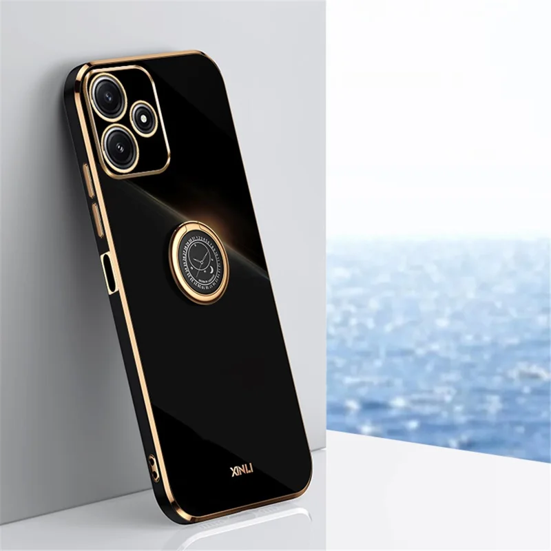 XINLI For Xiaomi Redmi Note 12R 5G TPU Cover Electroplated Phone Case with Ring Kickstand - Black