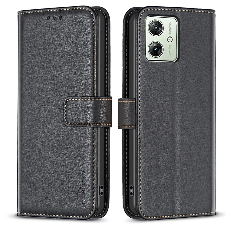 BINFEN COLOR BF17 For Motorola Moto G54 5G Leather Cover Flip Stand Wallet Phone Case - Black