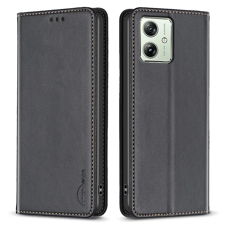 BINFEN COLOR BF18 Para Motorola Moto G54 5G Capa de Couro com Porta-cartões e Suporte - Preto