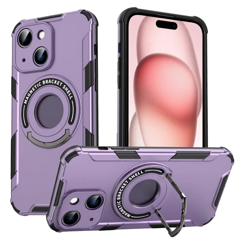 For iPhone 15 Case PC+TPU Slim Kickstand Phone Cover Compatible with MagSafe - Purple