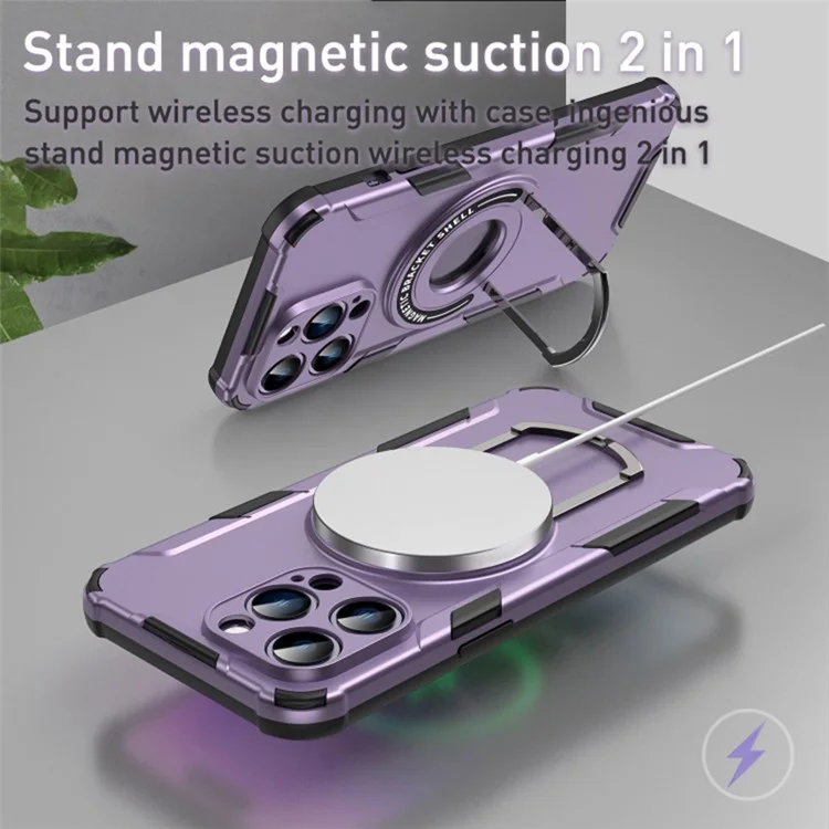 Funda para teléfono con soporte Kickstand para iPhone 15 Pro, compatible con MagSafe, de PC+TPU resistente a golpes, color púrpura