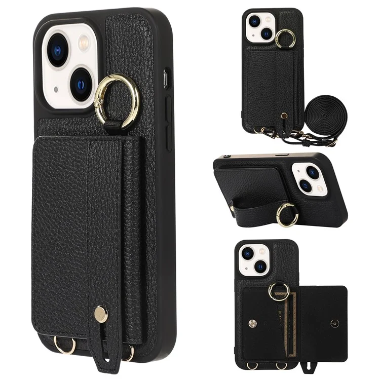 Leather+TPU Shell for iPhone 15 Plus Case Card Slot Kickstand Cover with Shoulder Strap - Black
