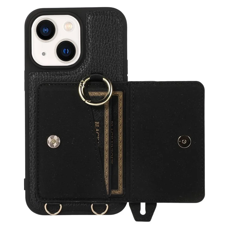Leather+TPU Shell for iPhone 15 Plus Case Card Slot Kickstand Cover with Shoulder Strap - Black