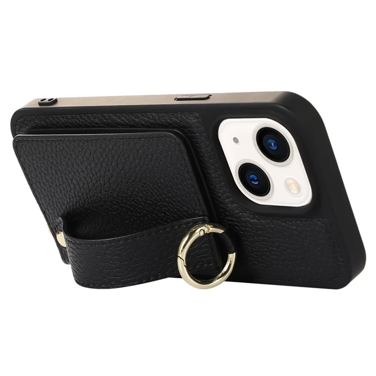 Leather+TPU Shell for iPhone 15 Plus Case Card Slot Kickstand Cover with Shoulder Strap - Black