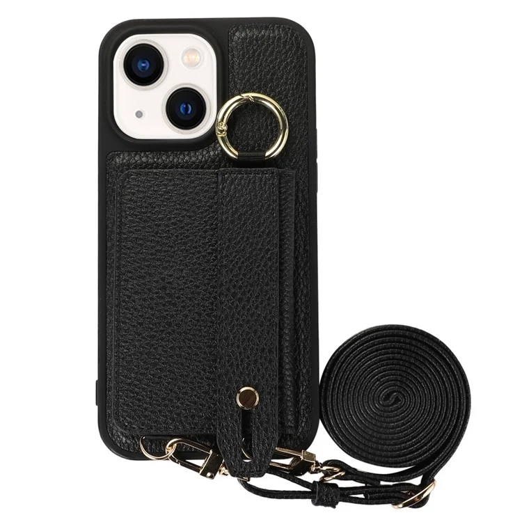 Leather+TPU Shell for iPhone 15 Plus Case Card Slot Kickstand Cover with Shoulder Strap - Black