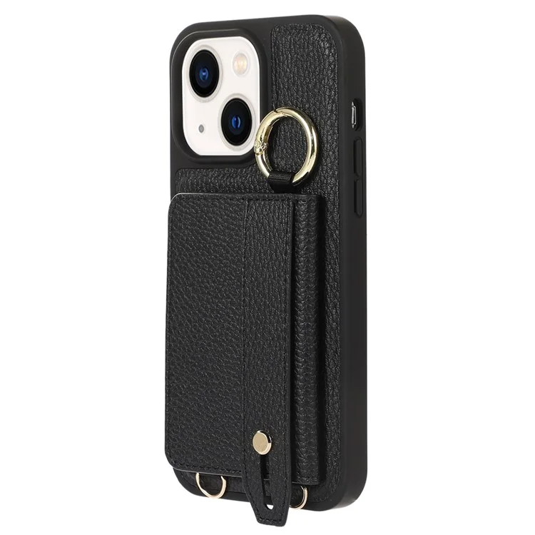 Leather+TPU Shell for iPhone 15 Plus Case Card Slot Kickstand Cover with Shoulder Strap - Black