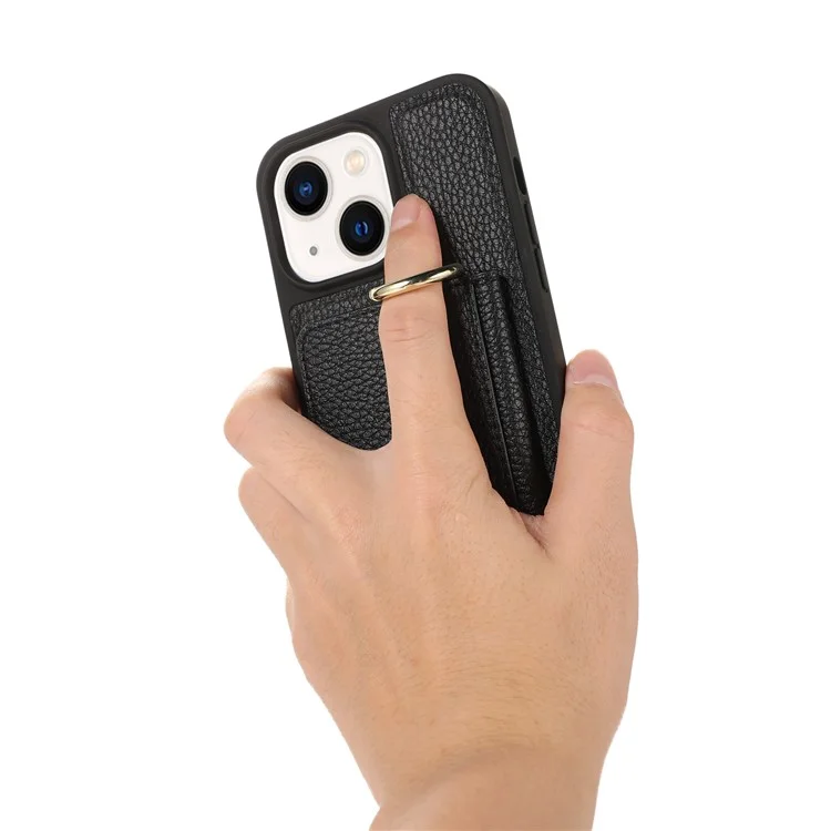 Leather+TPU Shell for iPhone 15 Plus Case Card Slot Kickstand Cover with Shoulder Strap - Black