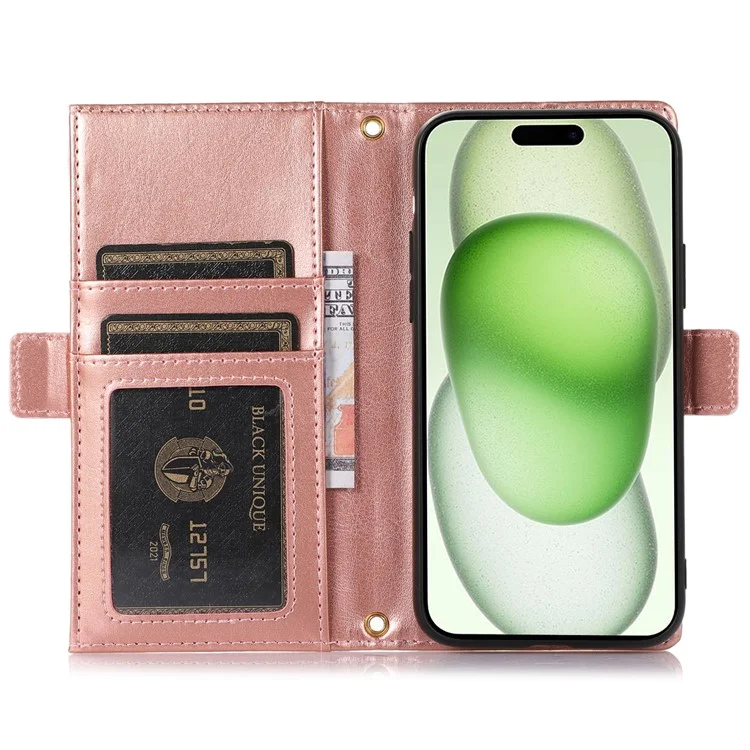 For iPhone 15 Case Litchi Texture PU Leather Zipper Pocket Cell Phone Cover with Strap - Light Purple