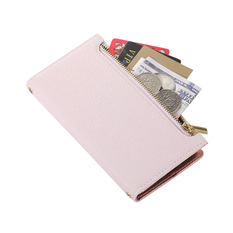 For iPhone 15 Case Litchi Texture PU Leather Zipper Pocket Cell Phone Cover with Strap - Light Purple