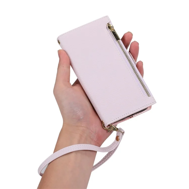 For iPhone 15 Case Litchi Texture PU Leather Zipper Pocket Cell Phone Cover with Strap - Light Purple