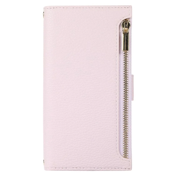 For iPhone 15 Case Litchi Texture PU Leather Zipper Pocket Cell Phone Cover with Strap - Light Purple