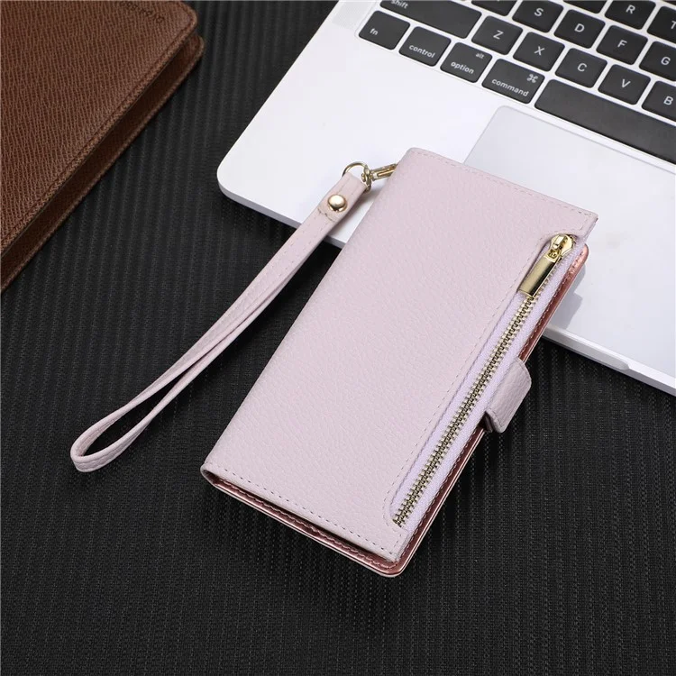 For iPhone 15 Case Litchi Texture PU Leather Zipper Pocket Cell Phone Cover with Strap - Light Purple