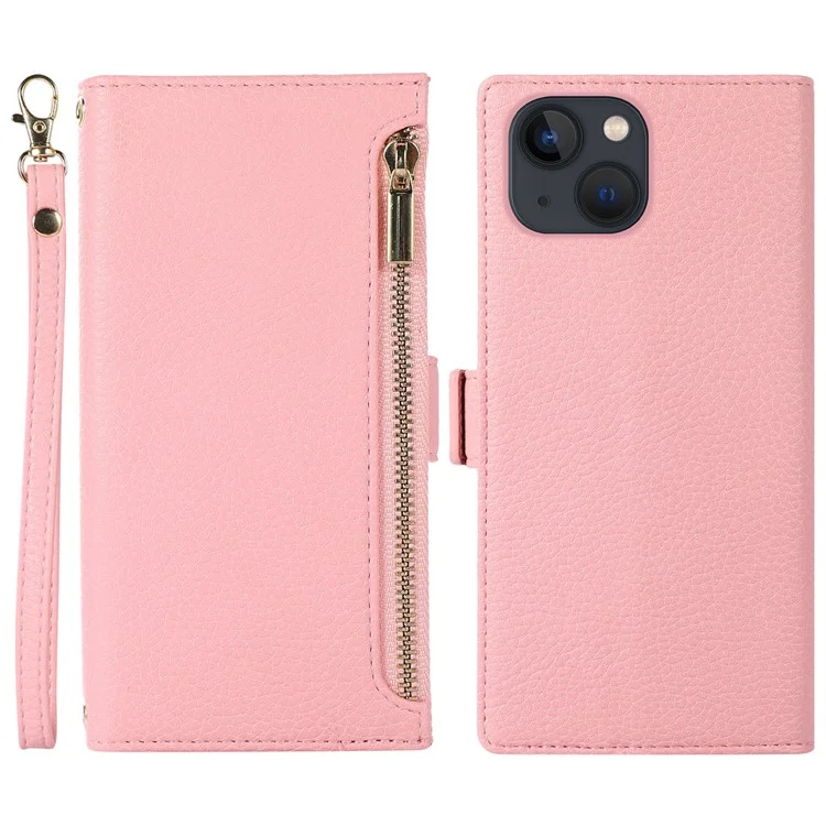 For iPhone 15 Plus Case Zipper Pocket Litchi Texture PU Leather Phone Cover with Strap - Pink