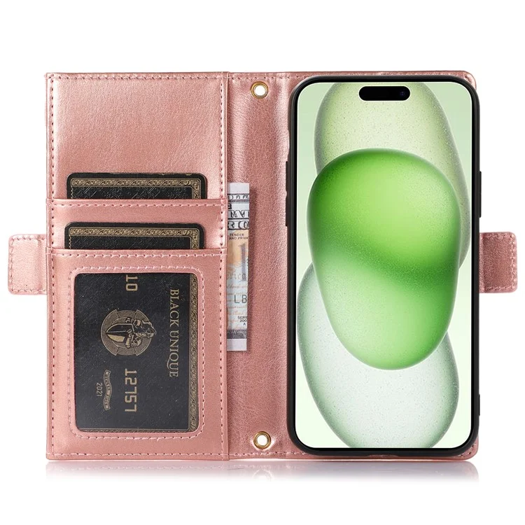 For iPhone 15 Plus Case Zipper Pocket Litchi Texture PU Leather Phone Cover with Strap - Pink