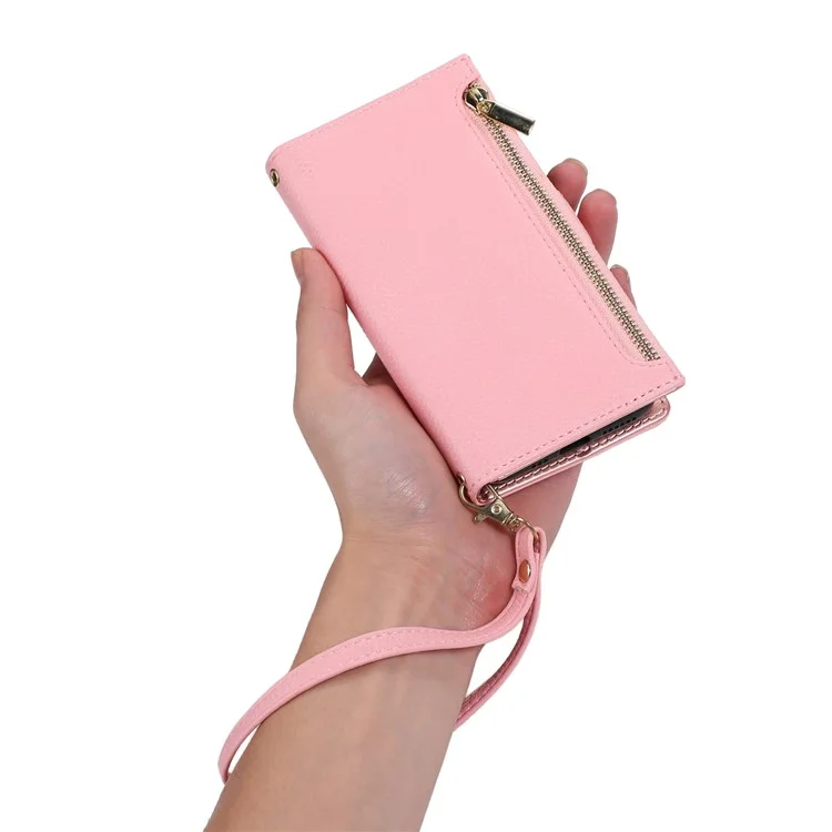 For iPhone 15 Plus Case Zipper Pocket Litchi Texture PU Leather Phone Cover with Strap - Pink
