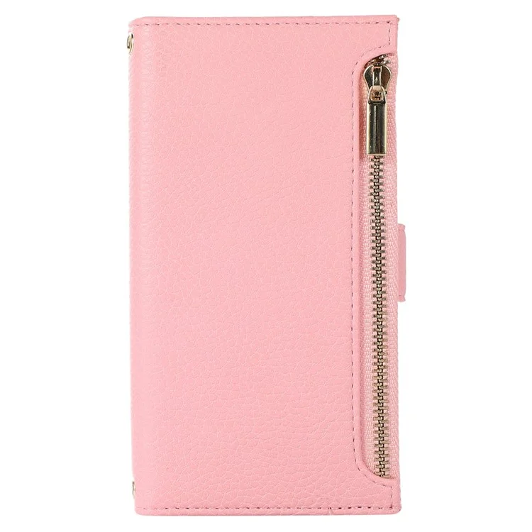 For iPhone 15 Plus Case Zipper Pocket Litchi Texture PU Leather Phone Cover with Strap - Pink