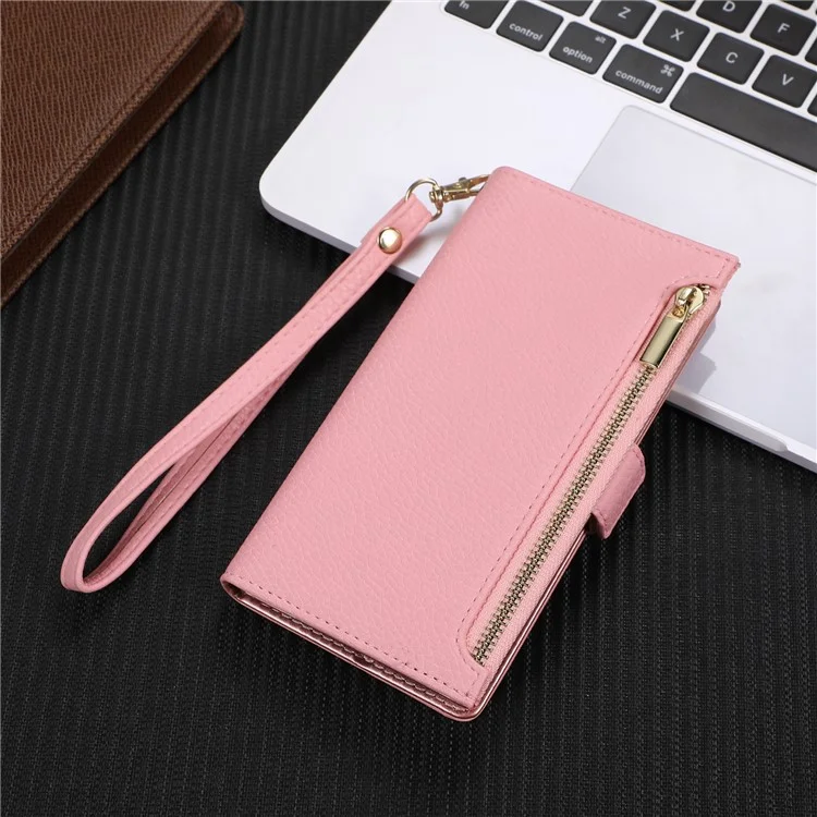 For iPhone 15 Plus Case Zipper Pocket Litchi Texture PU Leather Phone Cover with Strap - Pink
