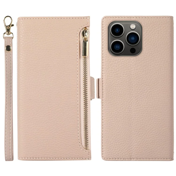 Coque pour iPhone 15 Pro Max Texture Litchi Poche Zippée Cuir Avec Dragonne - Abricot