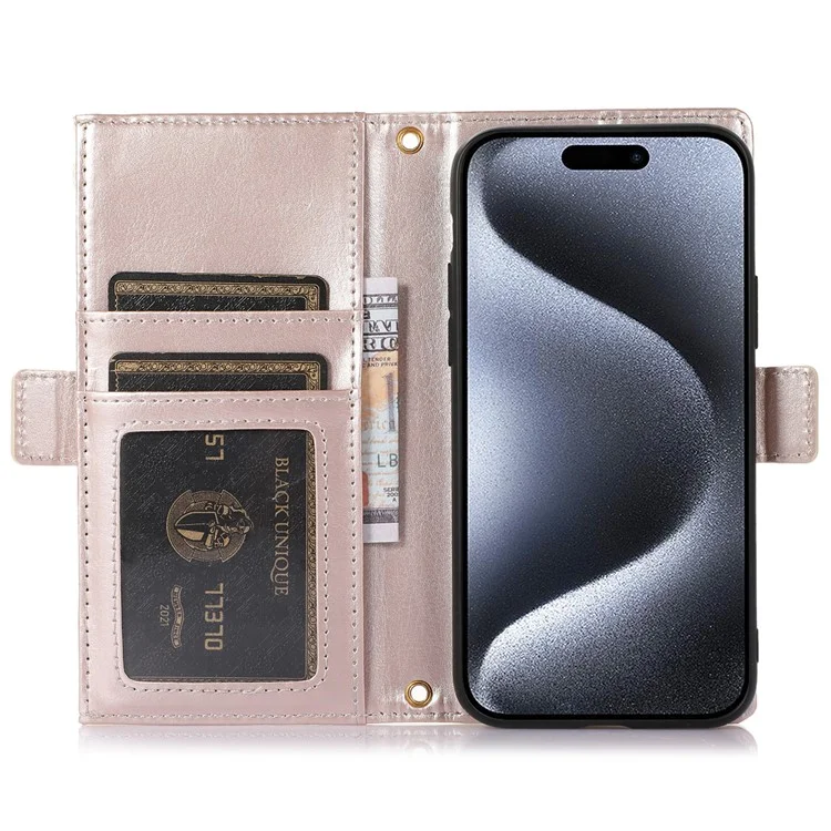 Coque pour iPhone 15 Pro Max Texture Litchi Poche Zippée Cuir Avec Dragonne - Abricot