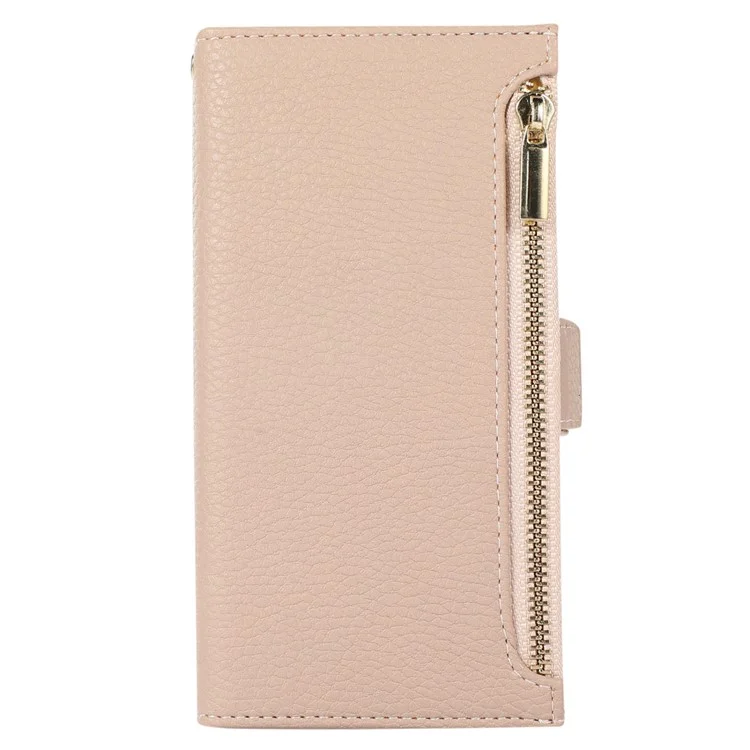 Coque pour iPhone 15 Pro Max Texture Litchi Poche Zippée Cuir Avec Dragonne - Abricot
