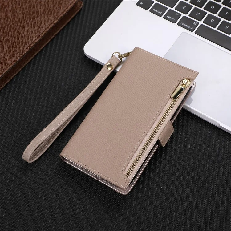 Coque pour iPhone 15 Pro Max Texture Litchi Poche Zippée Cuir Avec Dragonne - Abricot