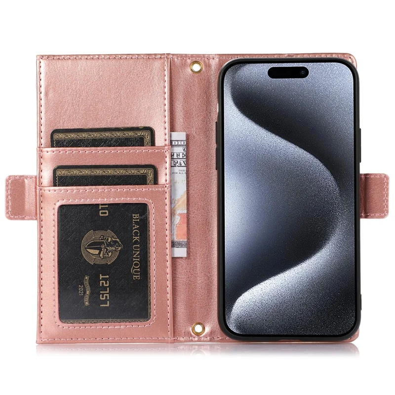 For iPhone 15 Pro Max Case Litchi Texture Zipper Pocket Leather Cover with Strap - Light Purple