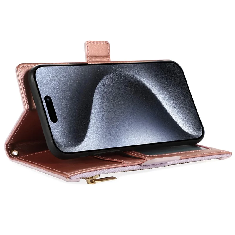 For iPhone 15 Pro Max Case Litchi Texture Zipper Pocket Leather Cover with Strap - Light Purple