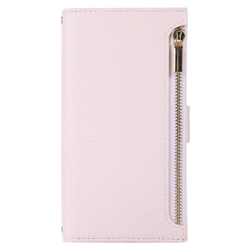For iPhone 15 Pro Max Case Litchi Texture Zipper Pocket Leather Cover with Strap - Light Purple