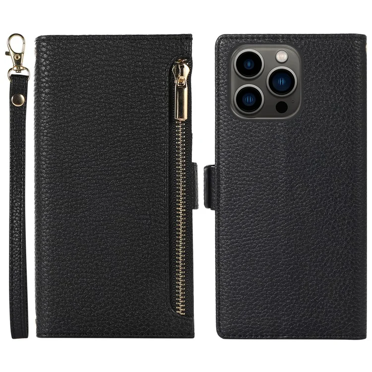 Für iPhone 15 Pro Case Litchi Texture Zipper Pocket Anti-drop Leather Cover with Strap - Schwarz