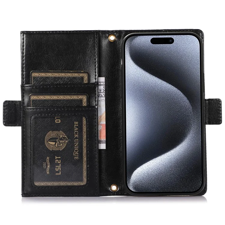 Für iPhone 15 Pro Case Litchi Texture Zipper Pocket Anti-drop Leather Cover with Strap - Schwarz