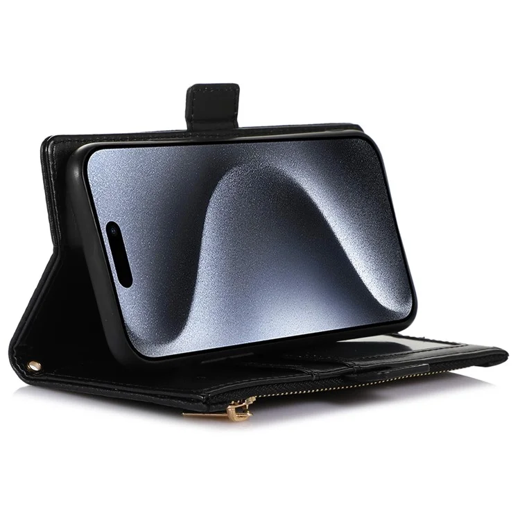 Für iPhone 15 Pro Case Litchi Texture Zipper Pocket Anti-drop Leather Cover with Strap - Schwarz