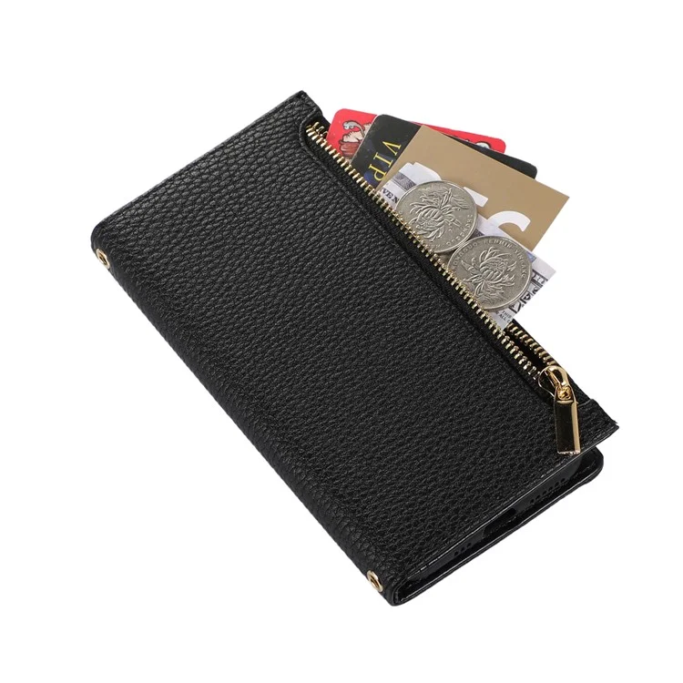 Für iPhone 15 Pro Case Litchi Texture Zipper Pocket Anti-drop Leather Cover with Strap - Schwarz