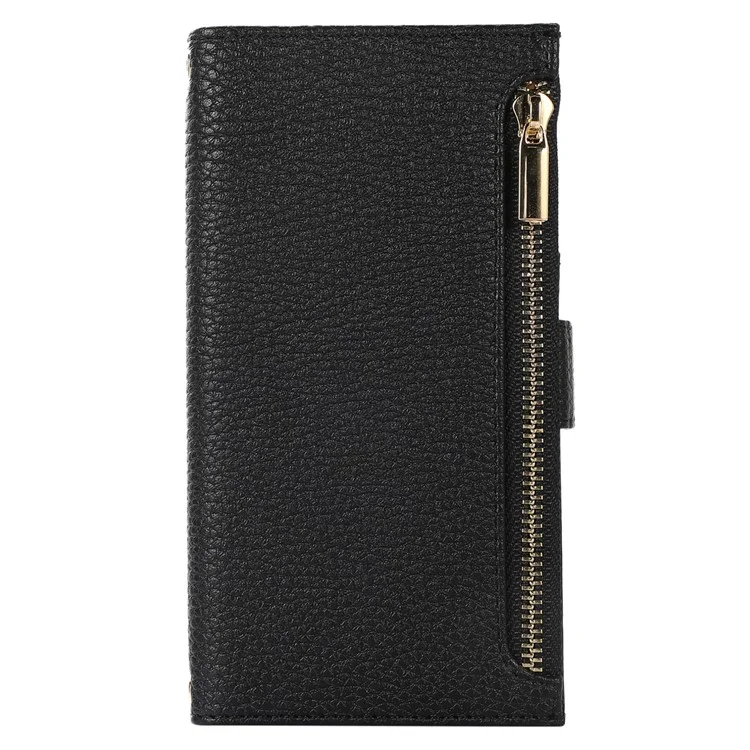 Für iPhone 15 Pro Case Litchi Texture Zipper Pocket Anti-drop Leather Cover with Strap - Schwarz