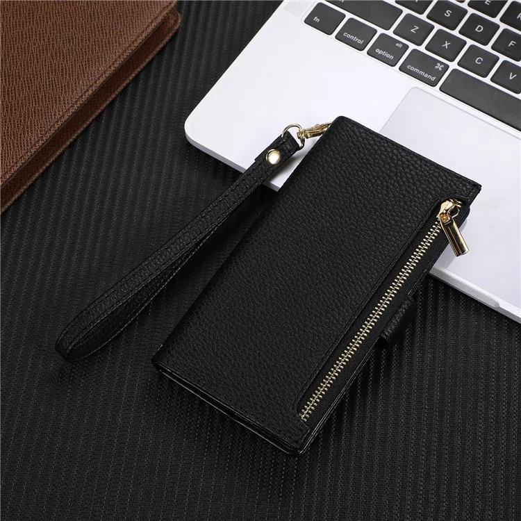 Für iPhone 15 Pro Case Litchi Texture Zipper Pocket Anti-drop Leather Cover with Strap - Schwarz