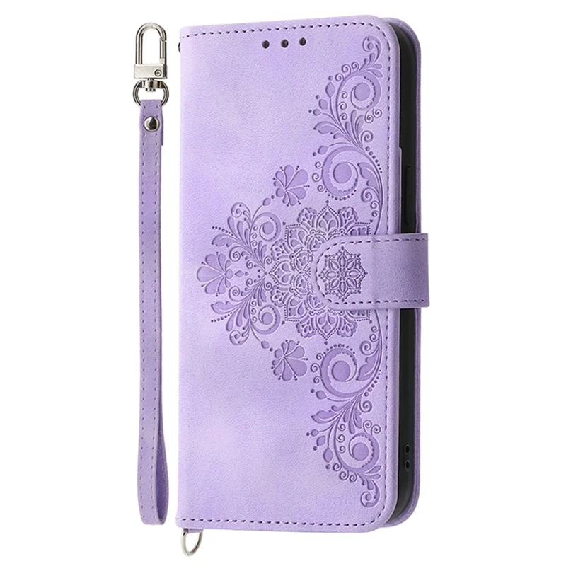 For Samsung Galaxy A05 4G Case PU Leather Flower Imprinted Phone Cover with 2 Straps - Light Purple