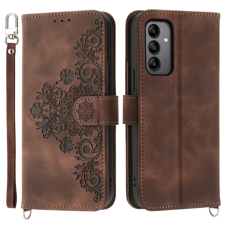 For Samsung Galaxy A05s 4G Leather Case Imprinted Stand Wallet Phone Cover with 2 Straps - Brown