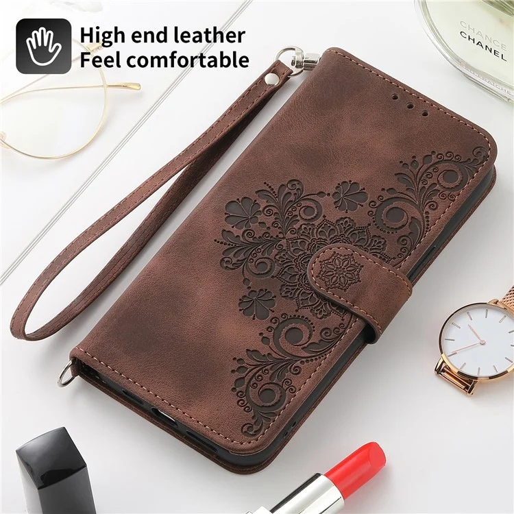 For Samsung Galaxy A05s 4G Leather Case Imprinted Stand Wallet Phone Cover with 2 Straps - Brown