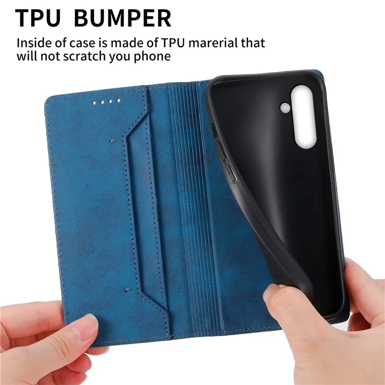 DF-05 Stand Cover for Samsung Galaxy A15 4G Case RFID Blocking Leather Phone Wallet Shell - Azul