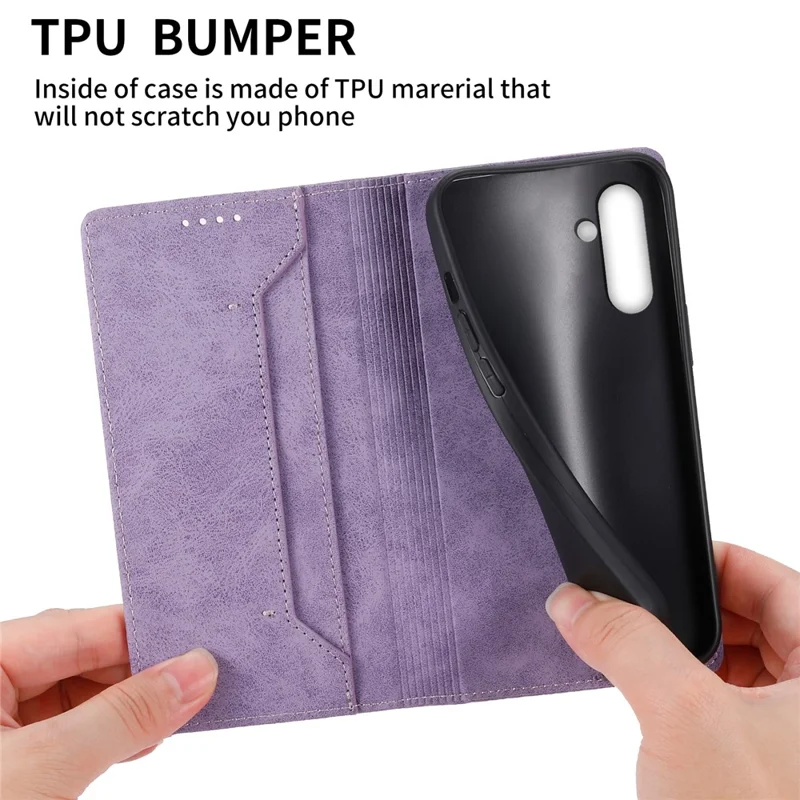 Funda con soporte DF-05 para Samsung Galaxy A15 4G, carcasa de cuero PU vintage con bloqueo RFID, funda tipo cartera para teléfono - morado