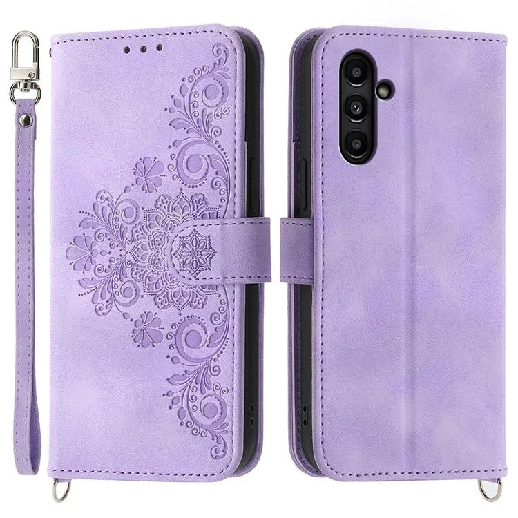 Für Samsung Galaxy A15 4G Hülle Skin-touch Leder Handytasche mit Handschlaufe + Schultergurt - Hellviolett
