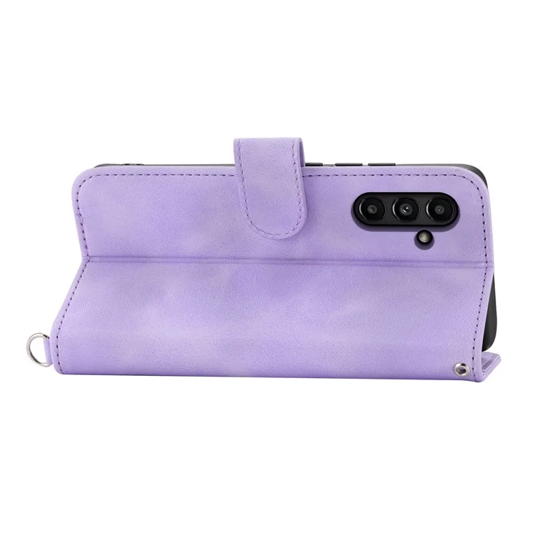 Für Samsung Galaxy A15 4G Hülle Skin-touch Leder Handytasche mit Handschlaufe + Schultergurt - Hellviolett