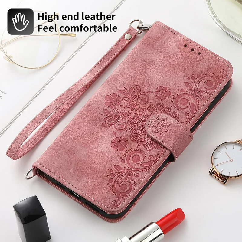 For Samsung Galaxy A15 4G Case Skin-touch Leather Phone Cover with Hand Strap + Shoulder Strap - Pink