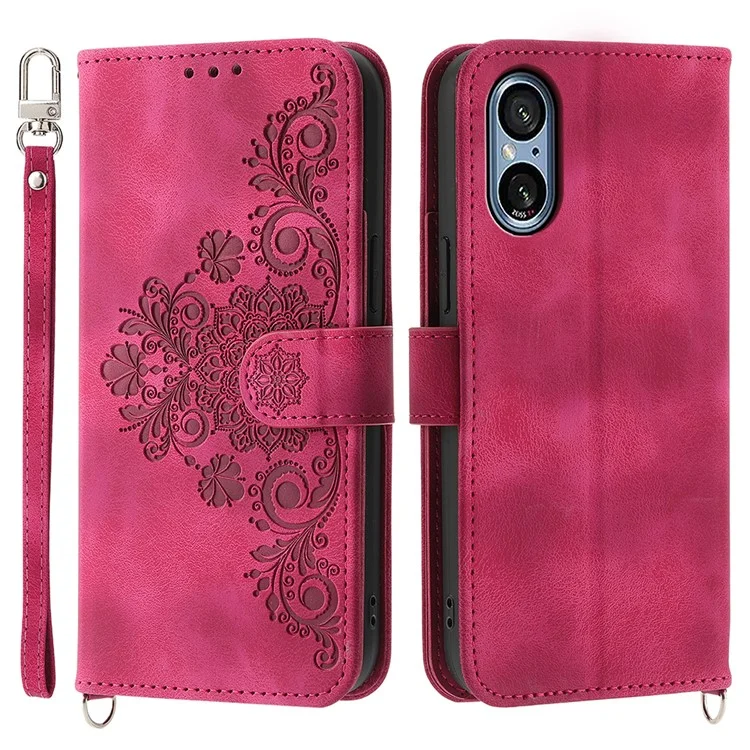 Para el estuche Sony Xperia 5 V Funda de teléfono de cuero con impresión anti-caída y correa de mano + correa de hombro - Rojo vino