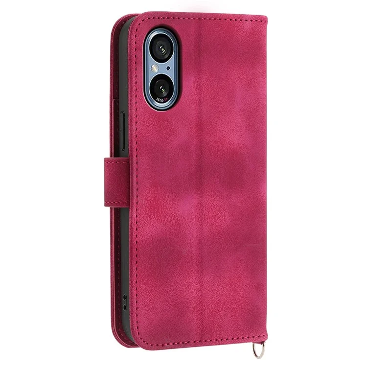 Para el estuche Sony Xperia 5 V Funda de teléfono de cuero con impresión anti-caída y correa de mano + correa de hombro - Rojo vino