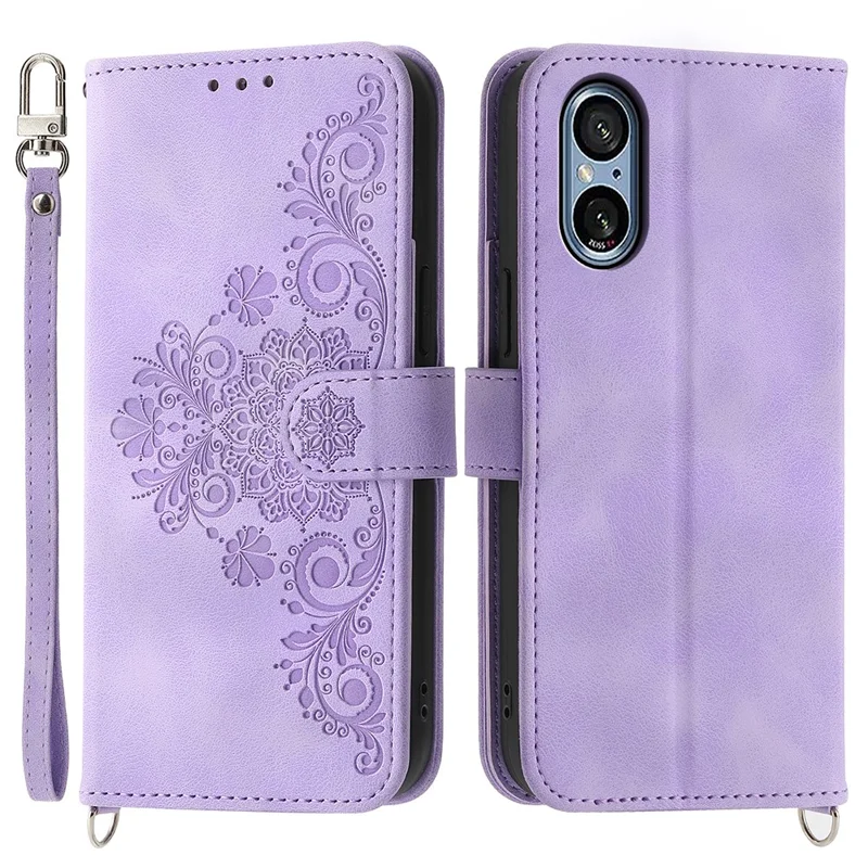 For Sony Xperia 5 V Case Imprinted Anti-drop Leather Phone Cover with Hand Strap + Shoulder Strap - Light Purple
