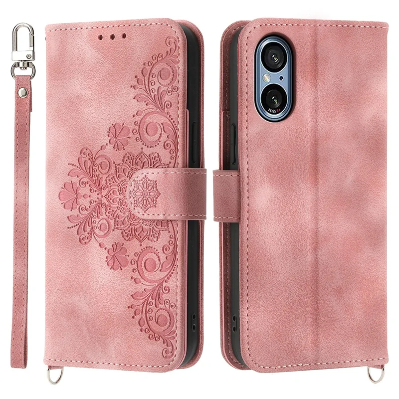 Чехол для Sony Xperia 5 V, с нанесенным рисунком, противоударный, из кожзаменителя, с ручным и плечевым ремешком - Розовый