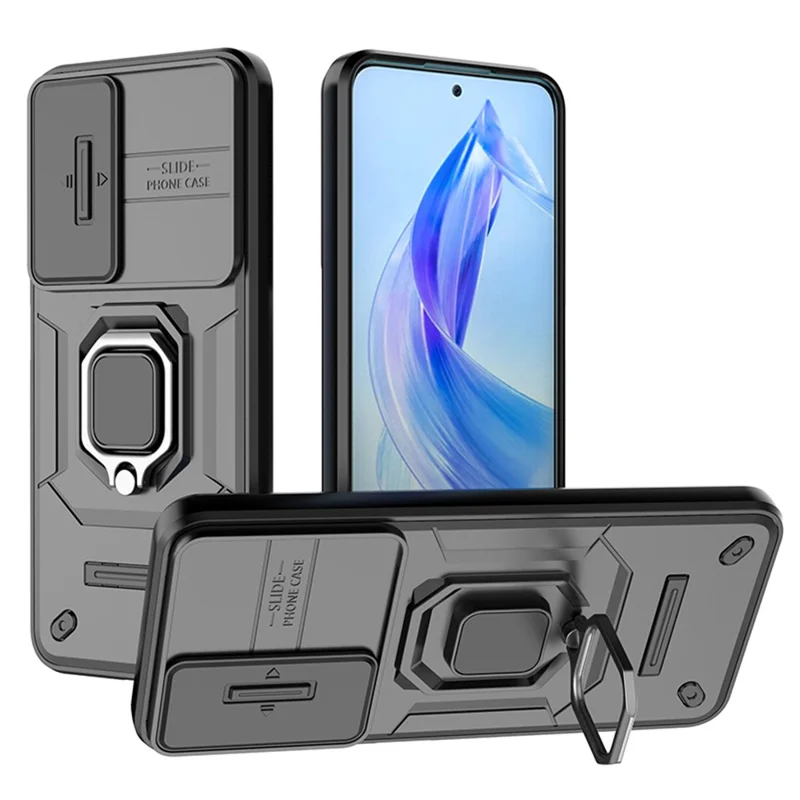 For Honor 90 Lite 5G / X50i 5G Case PC+TPU Slide Camera Lid Phone Cover with Kickstand - Black
