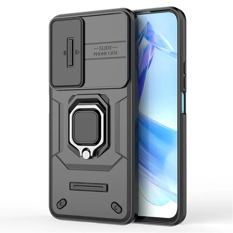 For Honor 90 Lite 5G / X50i 5G Case PC+TPU Slide Camera Lid Phone Cover with Kickstand - Black
