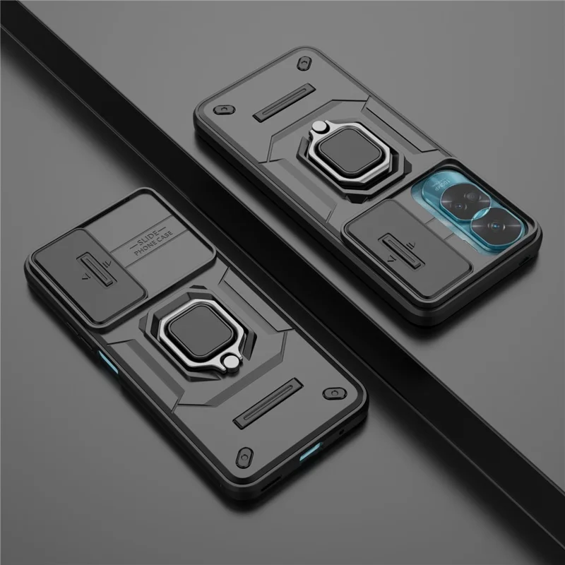 For Honor 90 Lite 5G / X50i 5G Case PC+TPU Slide Camera Lid Phone Cover with Kickstand - Black