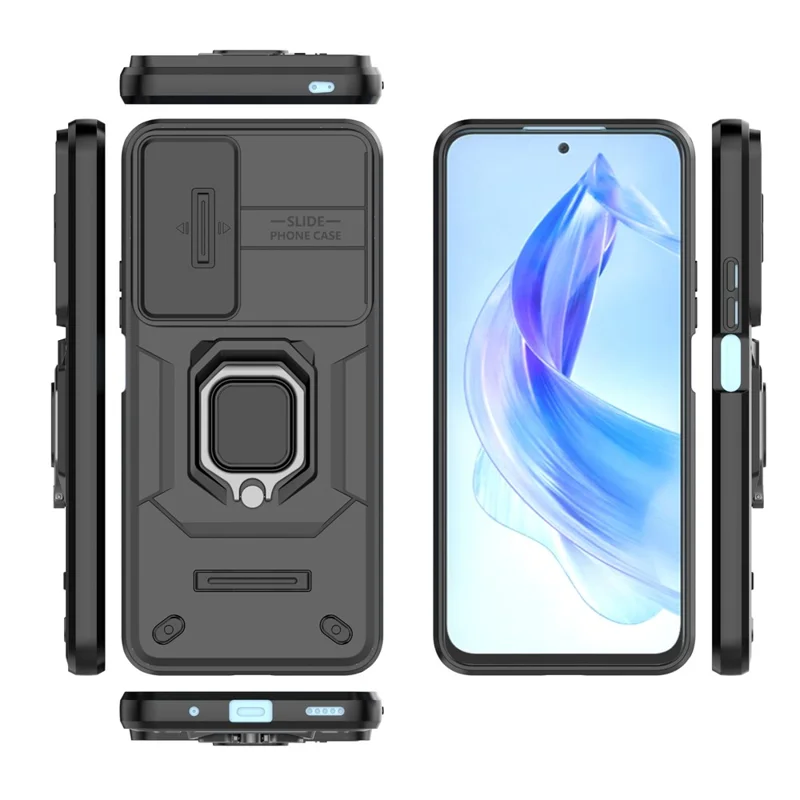 For Honor 90 Lite 5G / X50i 5G Case PC+TPU Slide Camera Lid Phone Cover with Kickstand - Black